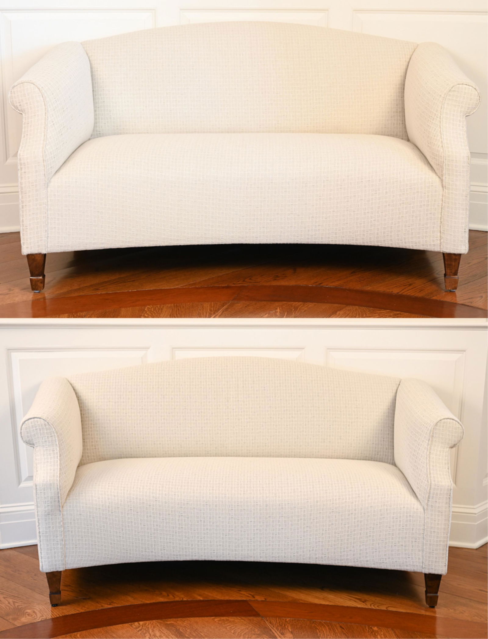 PAIR OF CONTEMPORARY CURVED SETTEES: Dimensions: H 26.5" x W 61.5" x D 33" x SH 17" Condition: Upholstery appears clean, minor wear to legs.