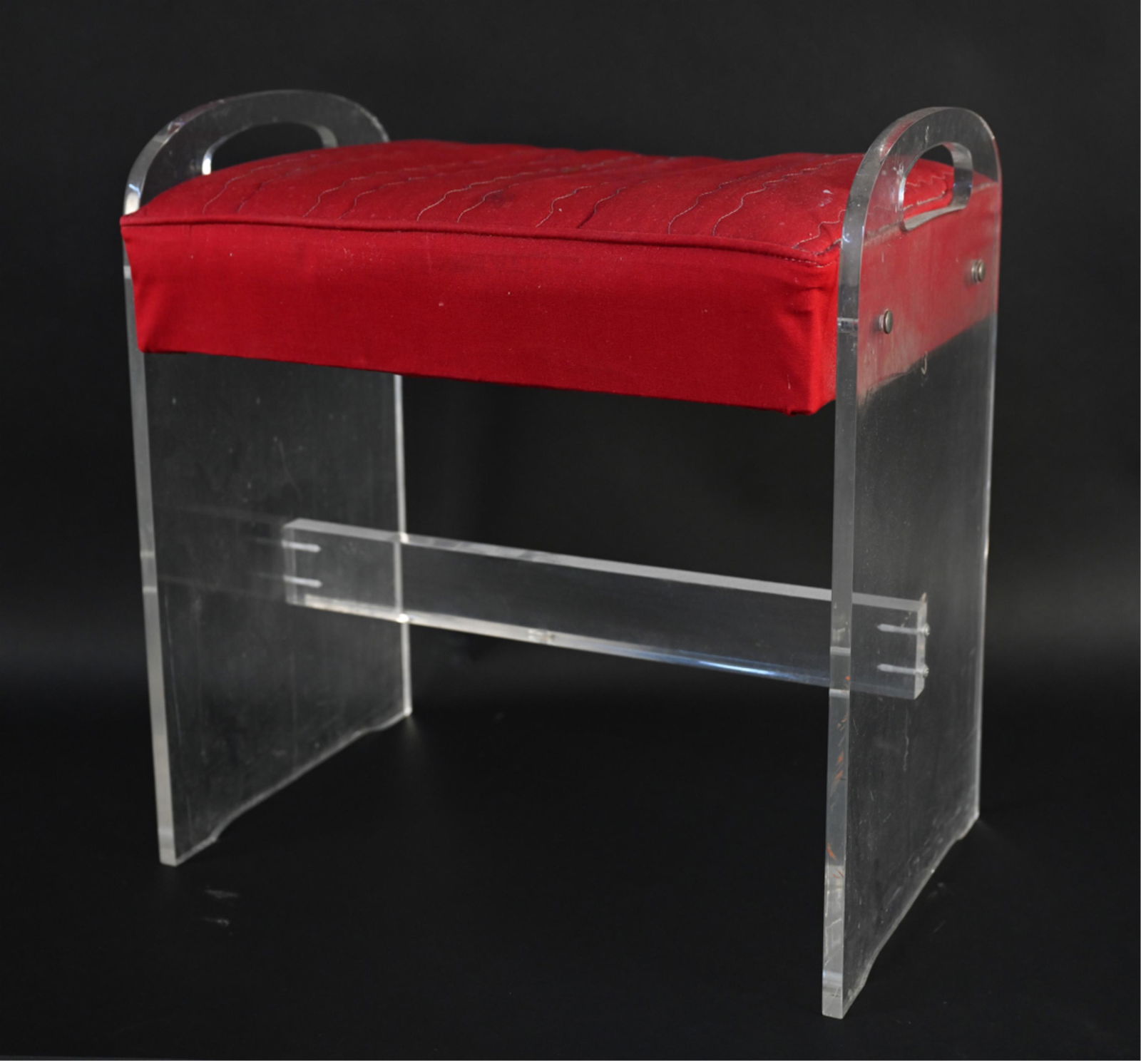 MID-CENTURY UPHOLSTERED LUCITE VANITY BENCH STOOL (1 of 9)