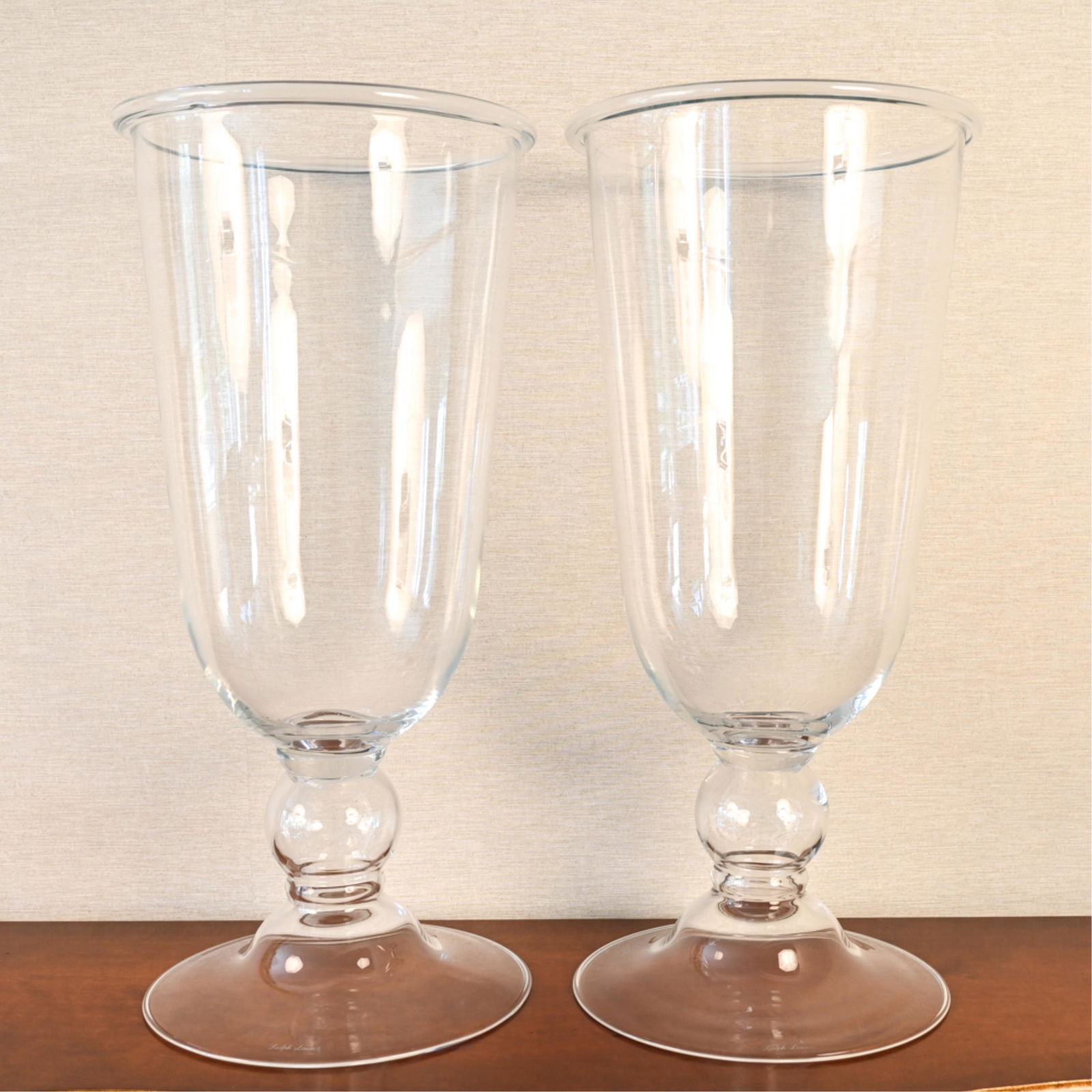 RALPH LAUREN LARGE HURRICANE GLASS CANDLE HOLDERS: Dimensions: H 29.75" x Dia. 14" Condition: No issues to note.
