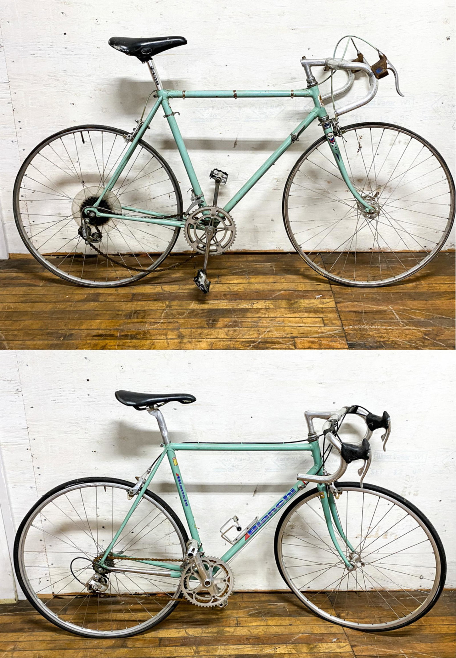 (2) VINTAGE BIANCHI ROAD BICYCLES: Dimensions: H (To Seat) 38" x W 64" x D 17" Condition: Wear consistent with outdoor exposure and use including a few chips to paint, rust and oxidation to metal, etc. Will likely need new tires.