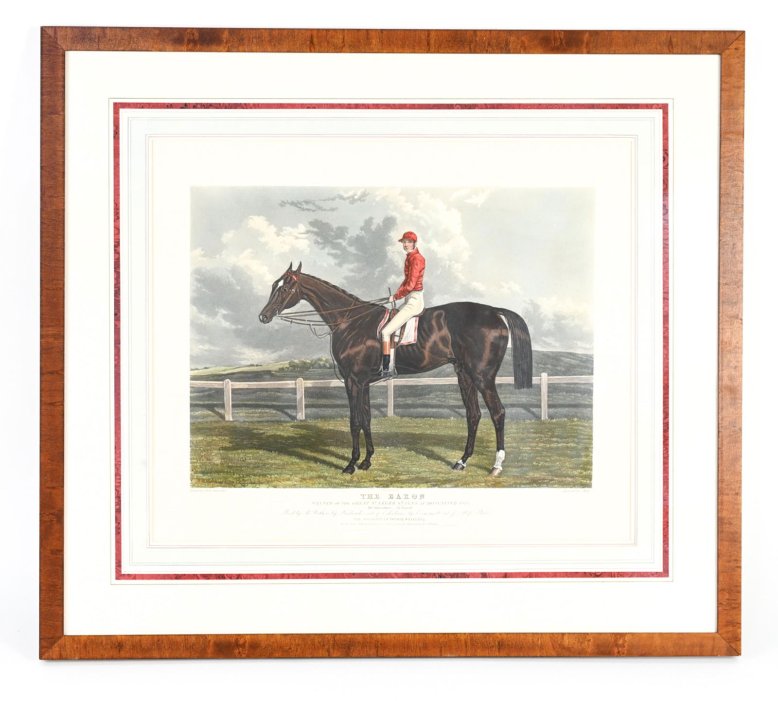 C. HUNT AFTER NEWMARKET HORSE ENGRAVING: "The Baron." Engraved by C. Hunt after H. Hall Newmarket. Dimensions: (Frame) H 25.75" x W 28.75", (Sight) H 16.25" x W 19.5" Condition: Framed with plexi glass, slightly wavy. Light handling marks.