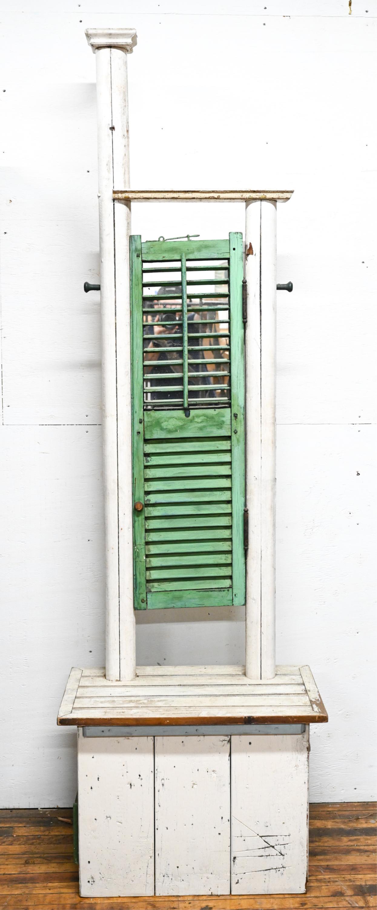 FOLK ART WOODEN SHUTTER SCULPTURE: Dimensions: H 91" x W 28" x D 17" Condition: Chips, scratches, paint loss, and discoloration to surface.