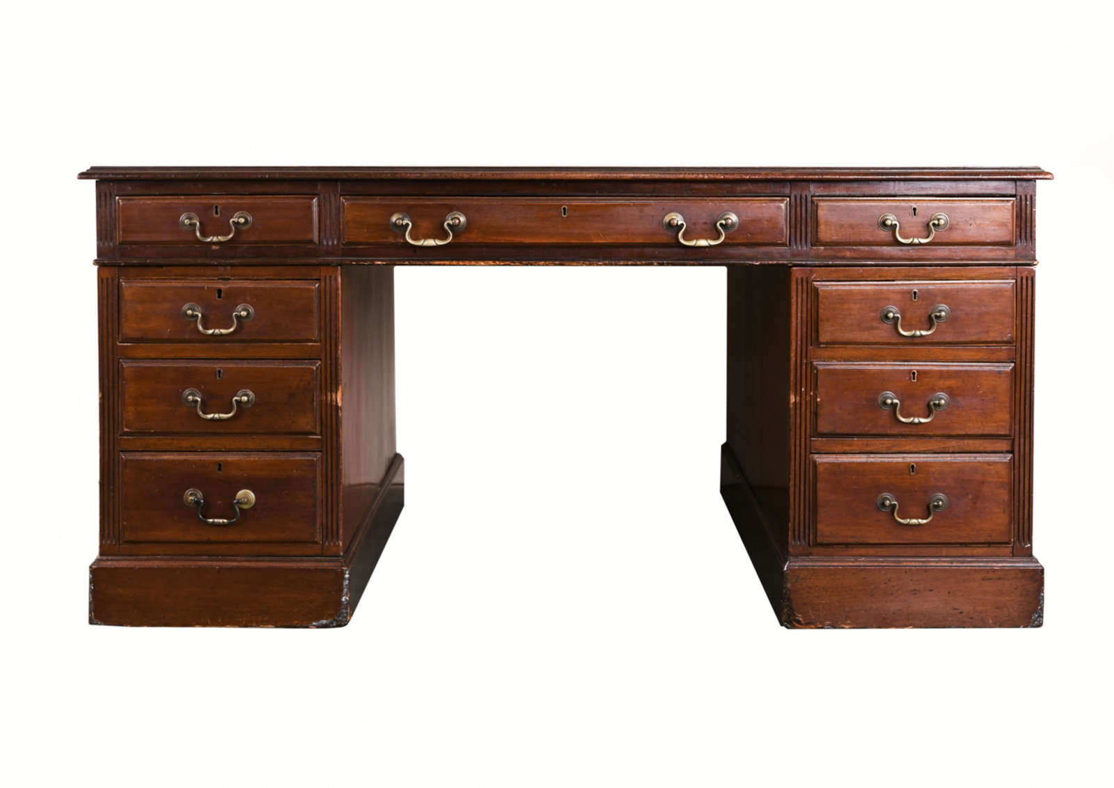 MAHOGANY LEATHER TOP DESK: Dimensions: H 30" x W 58" x D 34.5" Condition: Wear throughout consistent with age and use including finish loss, rubbing at edges. Wear, stains, and surface loss to leather.