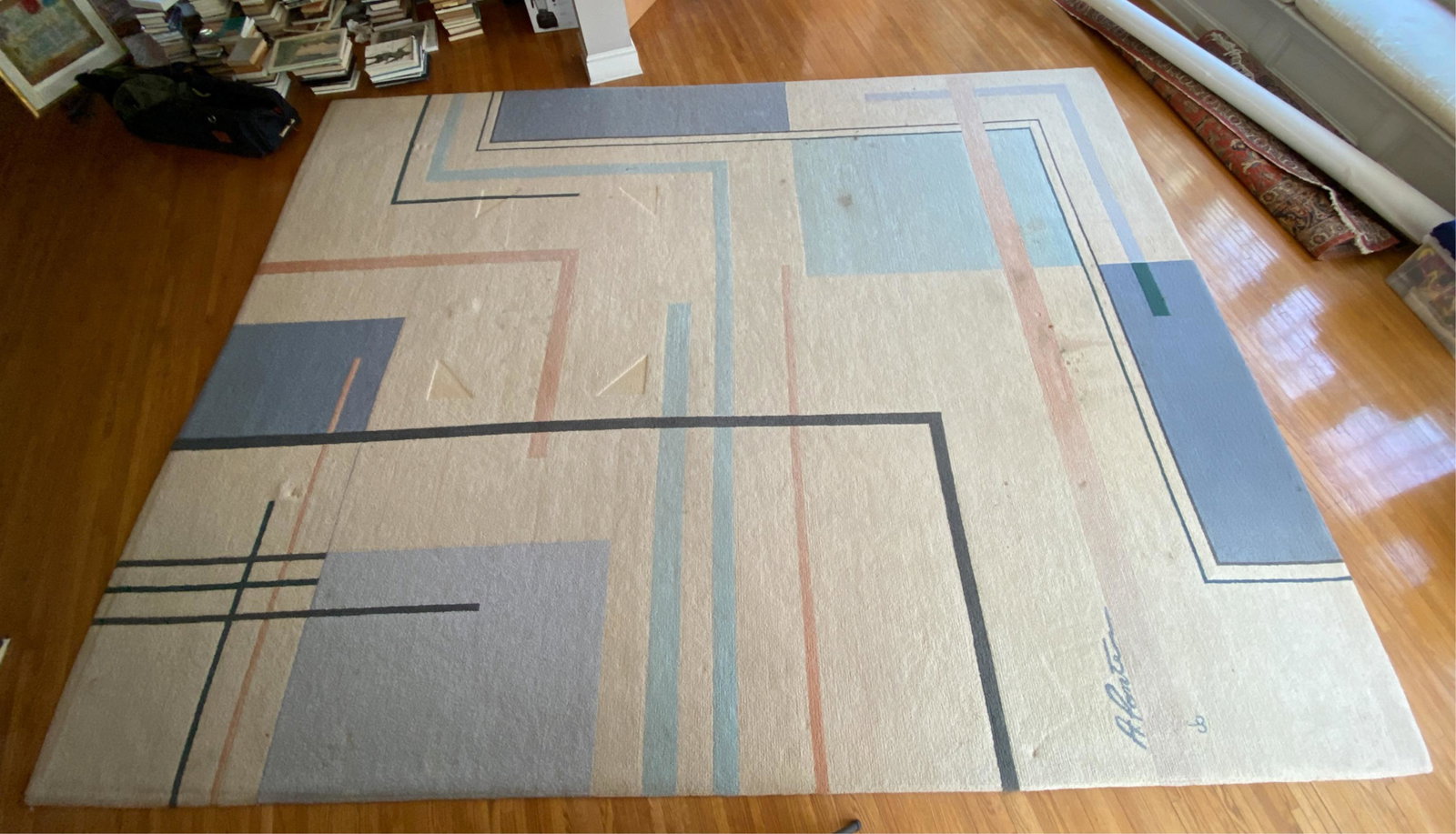 CONTEMPORARY RUG: Signed Dimensions: L 185” x W 141” Condition: In need of cleaning. Soiling, fading.
