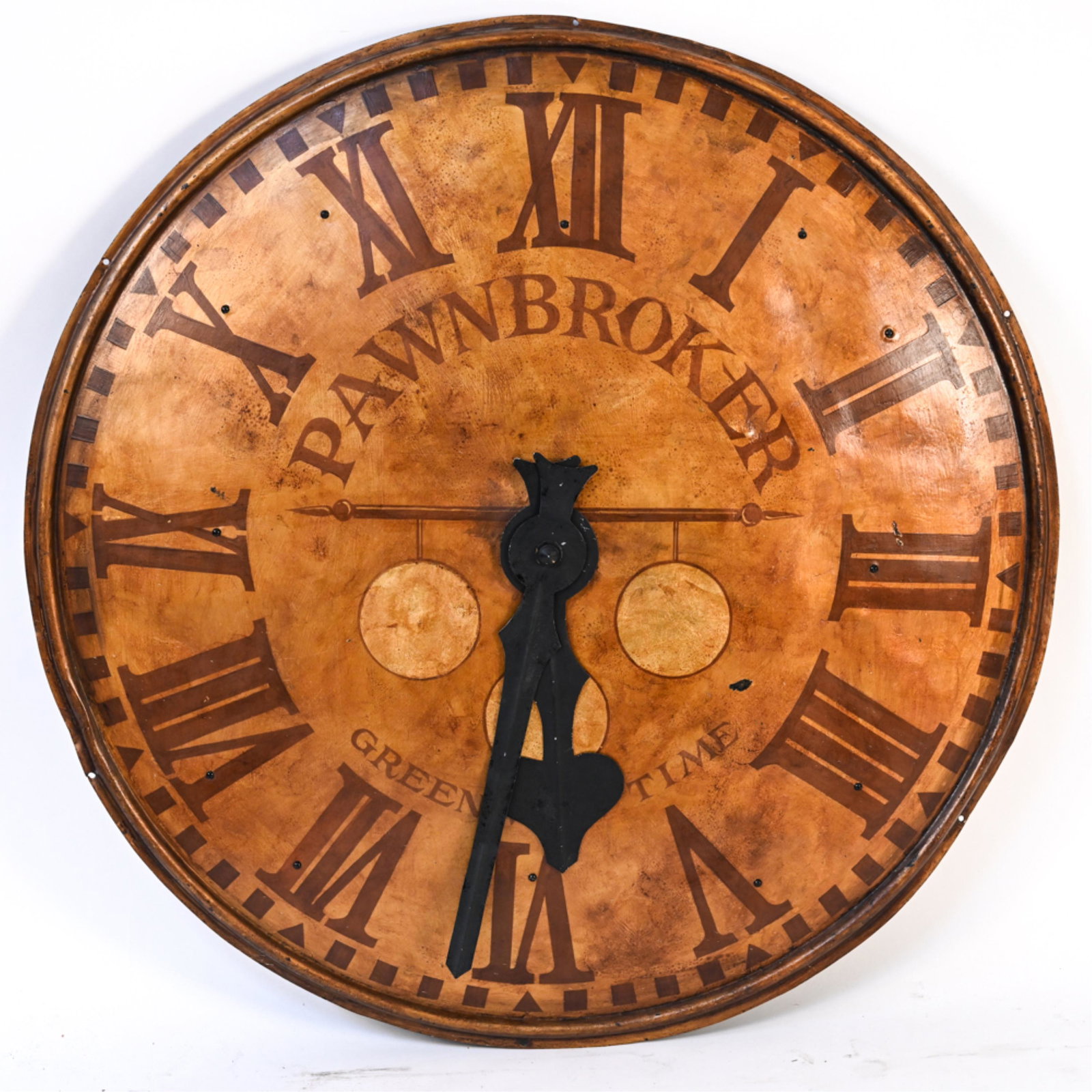 PAWNBROKER GREENWICH TIME FAUX CLOCK SIGN: Dimensions: Dia. 46" x D 7" Condition: Wear consistent with age and display.