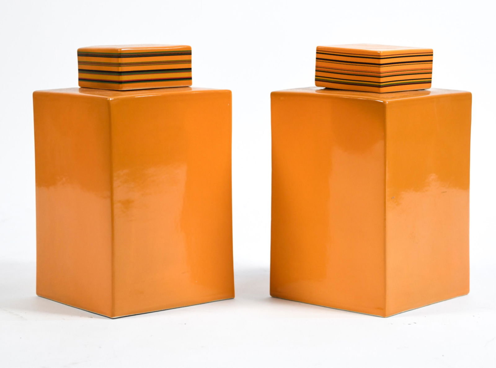 PAIR OF MODERN ORANGE CERAMIC SQUARE COVERED JARS (1 of 8)