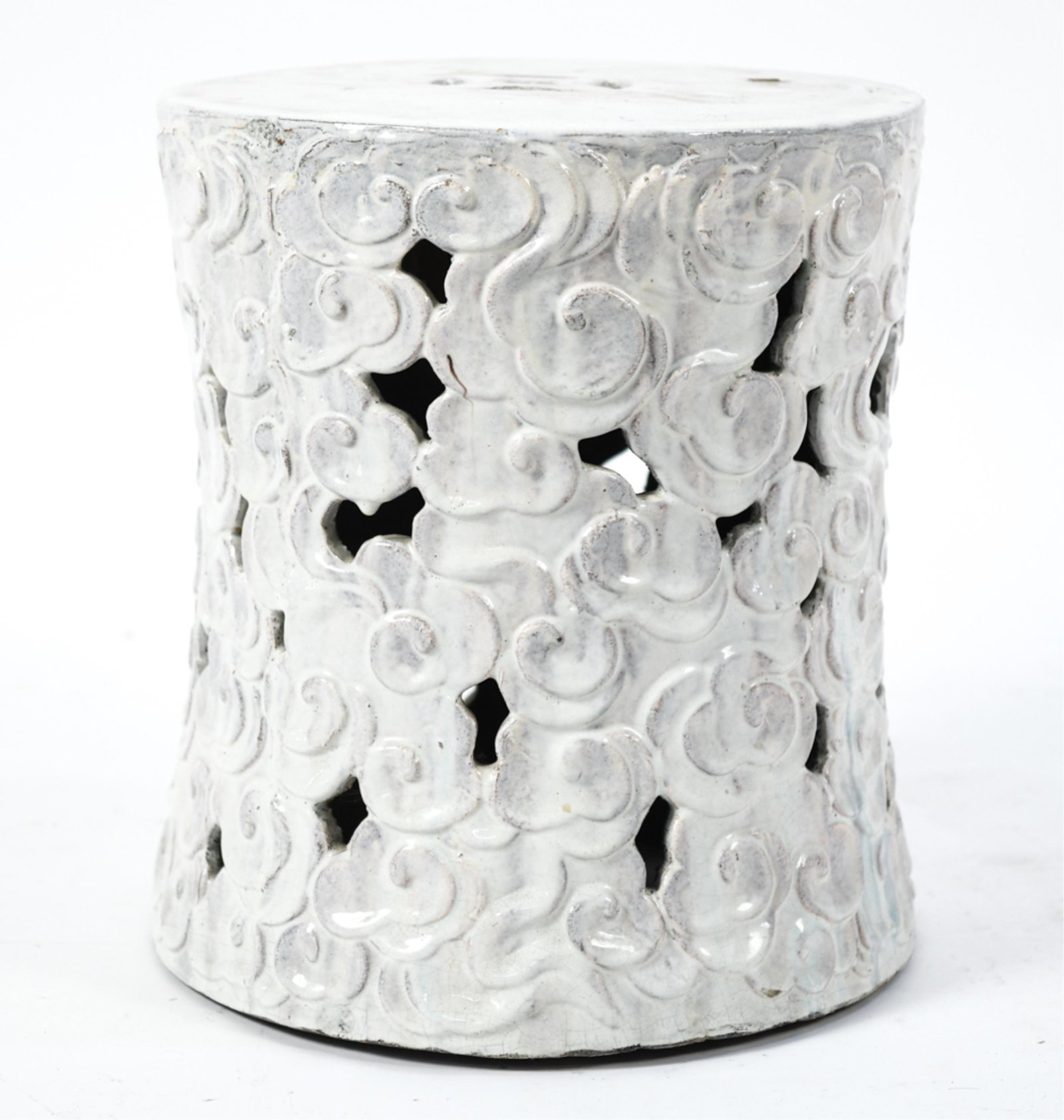 MODERN CHINESE CERAMIC GARDEN SEAT: With wax seal on top. Dimensions: H 19" x Dia. 16.5" Condition: Some chips to bottom rim. Lacking one inner support.