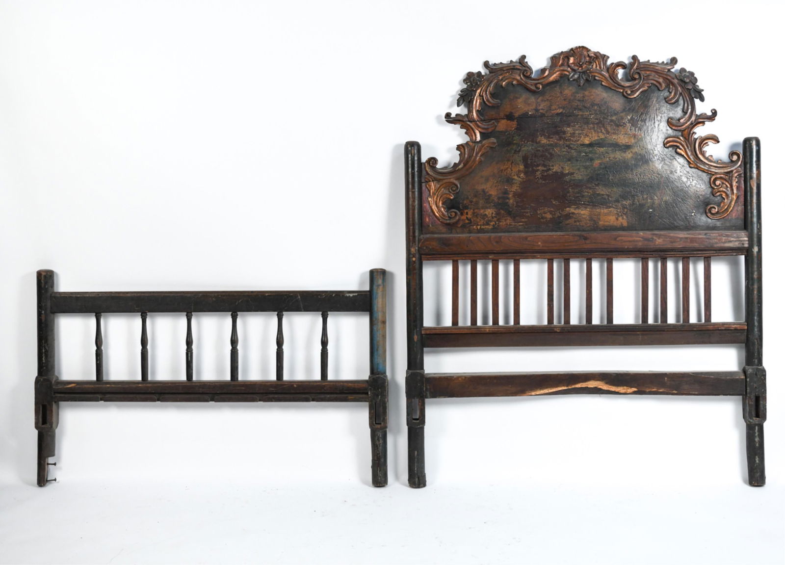 ANTIQUE CARVED & PAINTED HEADBOARD & FOOTBOARD: Dimensions: (Headboard) H 57" x W 46" Condition: Heavy paint loss and surface wear throughout. Chips, cracks to wood. Large loss to rail on headboard.