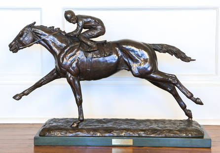 JIM RENO (AMERICAN B. 1929) SECRETARIAT BRONZE: Apparently unsigned. On a marble base with brown patination. Dimensions: (Incl. base) H 20" x W 30" x D 8.5" Condition: Few light surface marks.