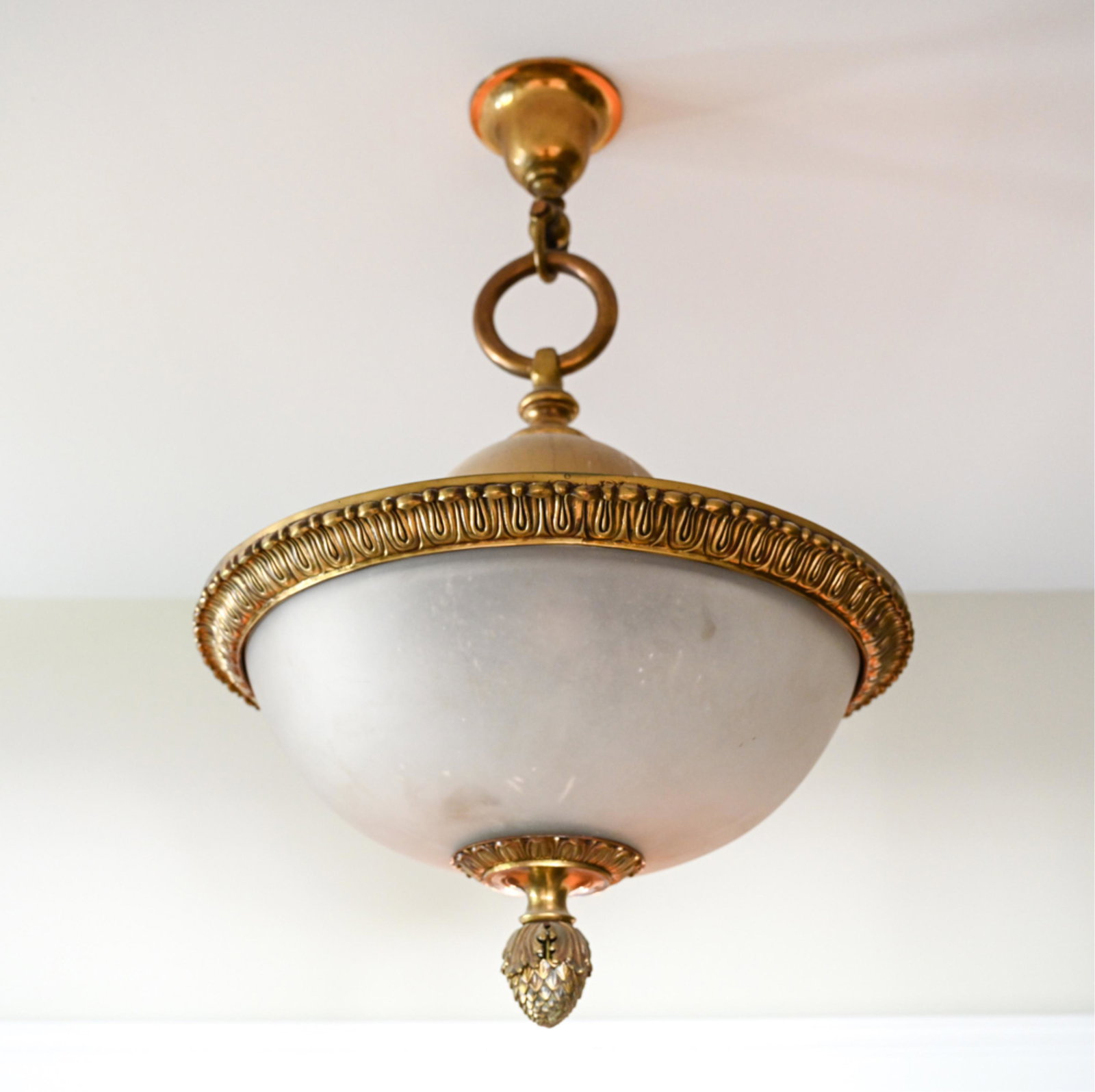 AMERICAN BRONZE & GLASS PENDANT LIGHT FIXTURE: Edwardian period, crack to glass, could use replacement globe. Dimensions: H (From ceiling) 35.5" x Dia. 23.25" Condition: Moderate wear consistent with age and use including small crack to glass exte