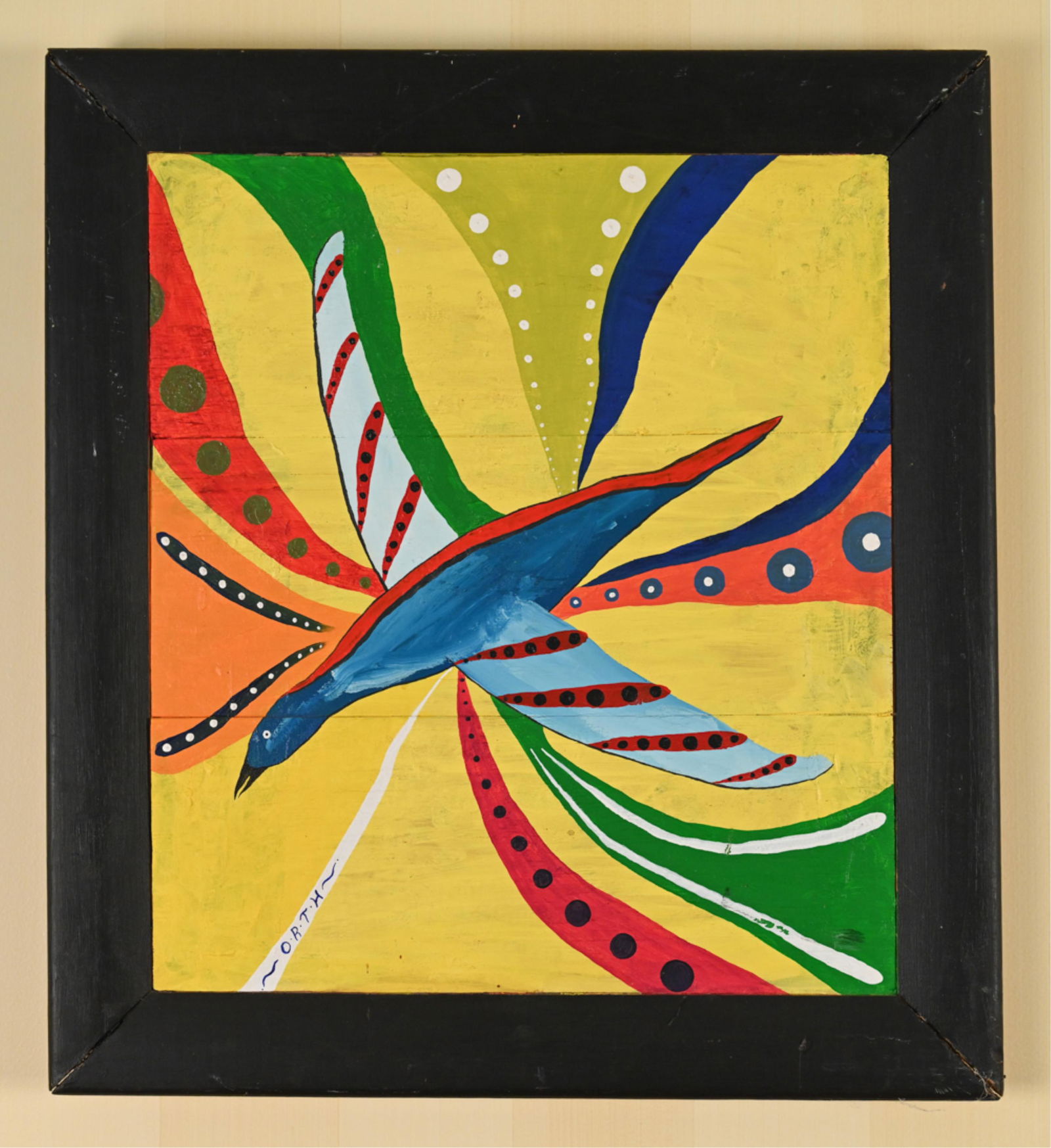 MID-CENTURY ABSTRACT W/ BIRD: Initialed O.R.T.H. lower left, signed illegibly verso with "Morning Noon Night". Oil on panel. Dimensions: (Frame) H 23" x W 21" (Painting) H 18.5" x W 16.5" Condition: A few losses and scuffs to pain