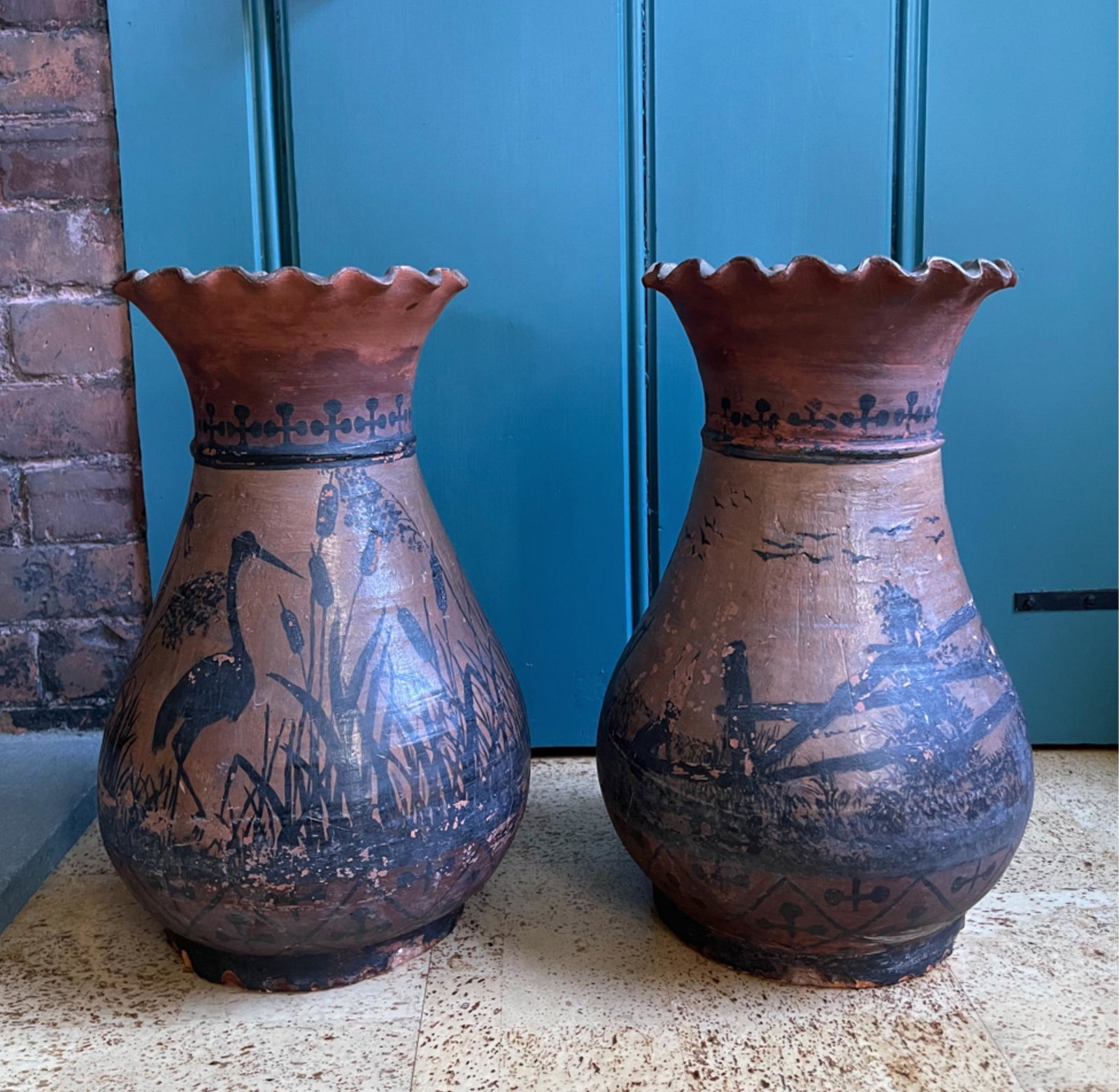 PAIR OF ANTIQUE PAINTED TERRACOTTA VASES (1 of 7)