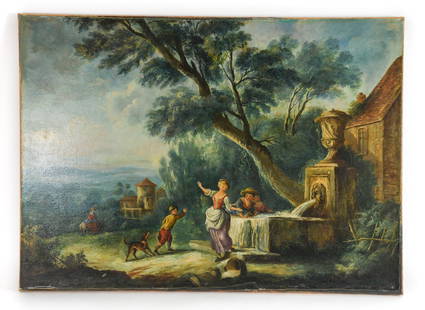 18TH C. FRENCH PASTORAL O/C: Figures by a fountain with extensive landscape. Apparently unsigned. Related to Jean-Baptiste Lallemand. Dimensions: H 25.75" x W 35.75" Condition: Lined. With restorations.