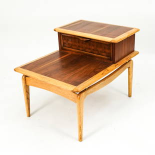 LANE TWO-TIERED BASKET WEAVE NIGHT STAND: Beautiful Lane 2-tiered Mid-Century side table by Lane Furniture Co. in contrasting walnut and oak. Design attributed to Andre Bus. Lane mark in basket weave draw. Made in the USA. Dimensions: H 22"