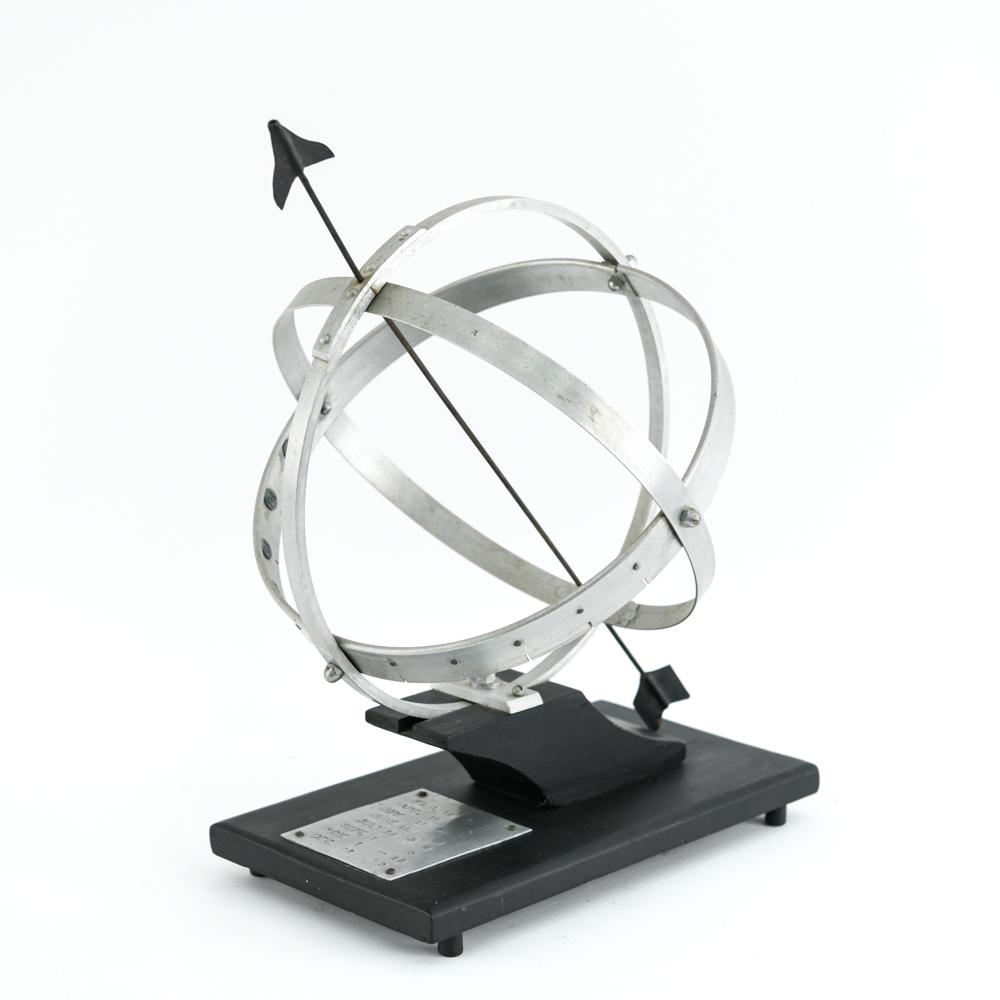 VINTAGE ALUMINUM ARMILLARY SUNDIAL: Dimensions: H 17" x W 13" x D 11.75" Condition: Showing some finish wear consistent with outdoor use. Couple rubs to base. Wiggles slightly on base.