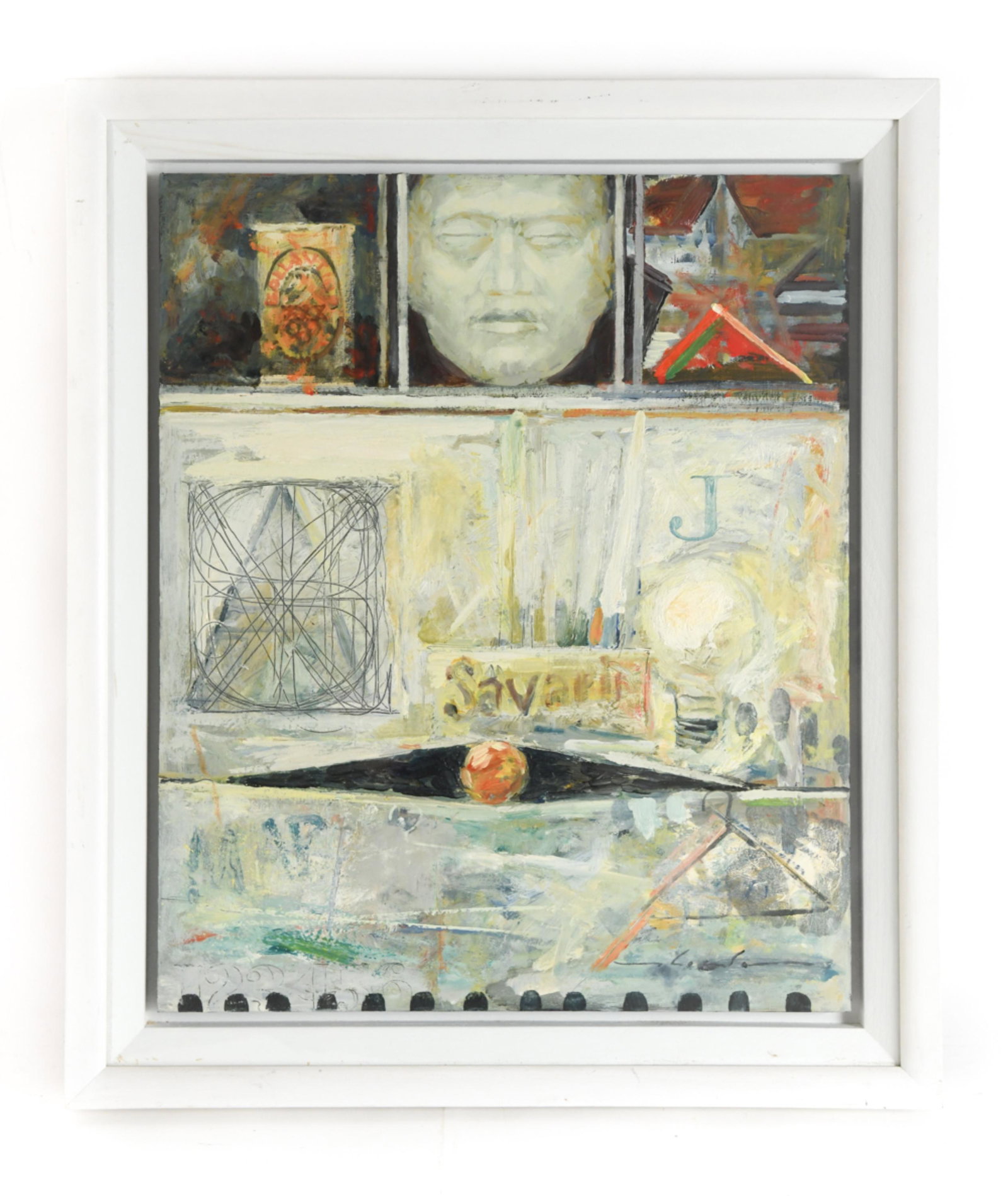 WILLIAMS THOMSON ENCAUSTIC ON PANEL: Titled verso "Homage to Jas Johns." Signed lower right. Float mounted in deep frame. Dimensions: (Frame) H 29" x W 24.75", (Panel) H 24" x W 20" Condition: Frame with some rubbing. Appears clean under