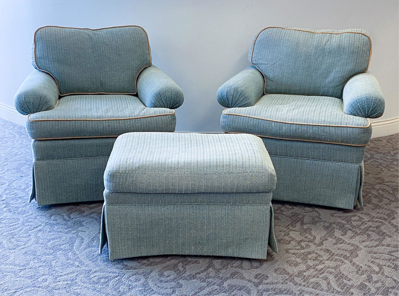 PAIR OF KRAVET LOUNGE CHAIRS AND OTTOMAN (1 of 15)