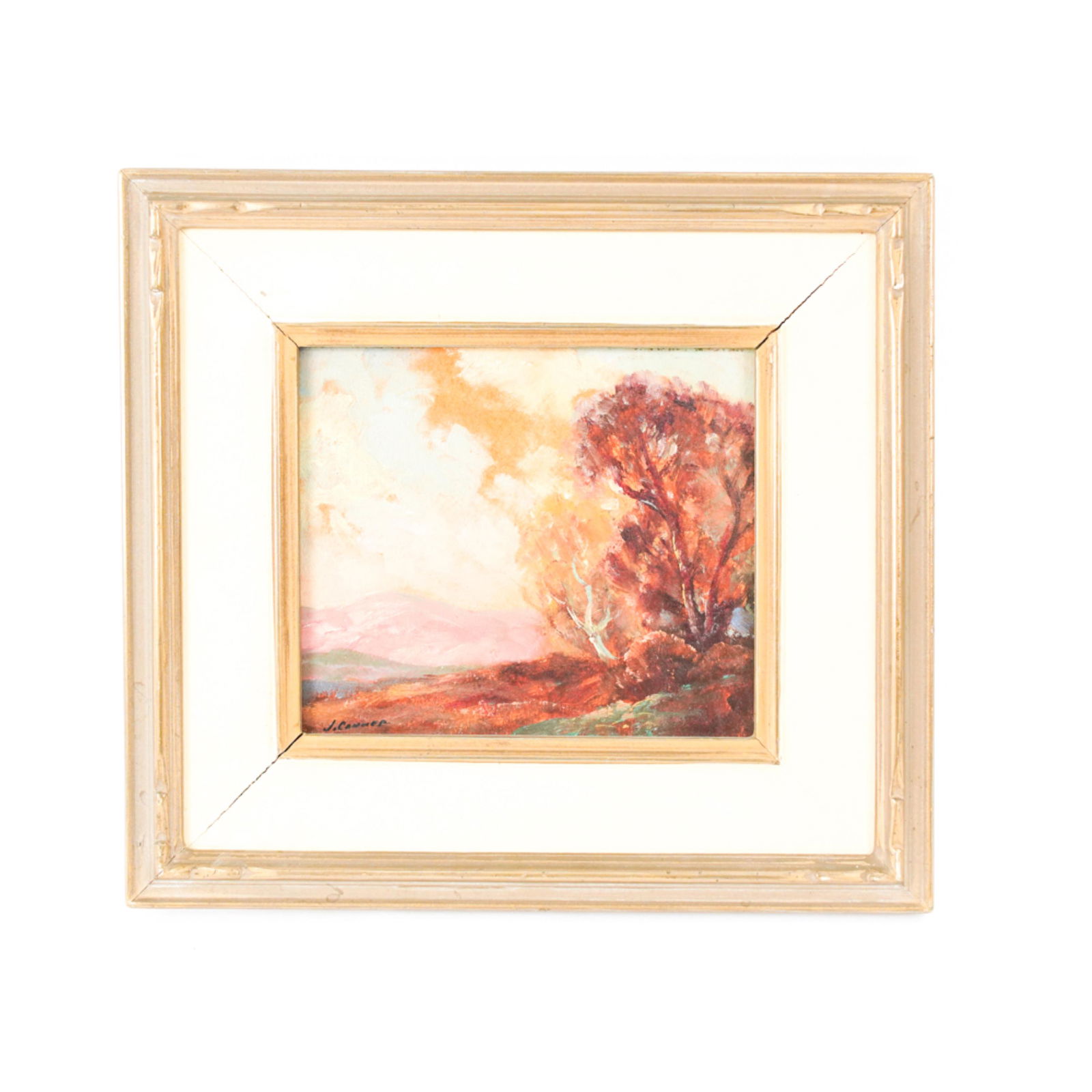 JOHN ANTHONY CONNOR, CALI/ILLINOIS (1892-1971) O/B: Oil on board of an autumn landscape with distant mountain, signed lower left and titled "Evening Light" on verso. Dimensions: (Frame) H 10.5" x W 11.5" (Painting) H 6" x W 6.75" Condition: Frame with