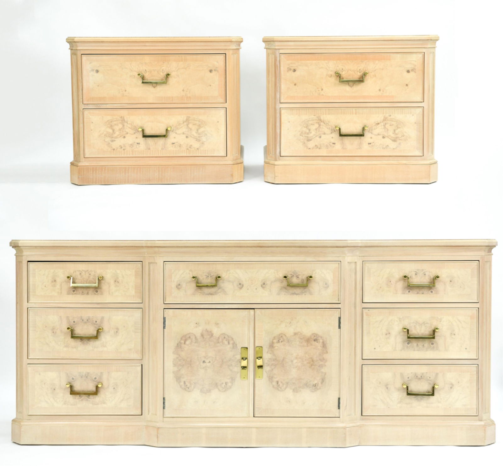 DREXEL CORINTHIAN BURL DRESSER & (2) NIGHTSTANDS (1 of 20)