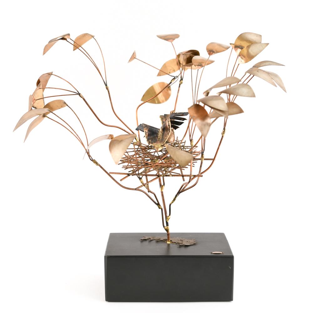 CURTIS JERE NESTING BIRD SCULPTURE: Signed and dated on base plaque, '69. Dimensions: H 18.5"x W 17" x D 18" Condition: Handling wear to base.
