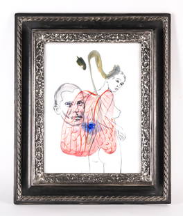 CONTEMPORARY SURREALIST WATERCOLOR: Ink and watercolor. Woman/butterfly/man's face. Pencil signed and dated 2016(?) under lower edge of frame. Dimensions: (Frame) H 22.5" x W 19", (Sight) H 15" x W 11.25" Condition: Couple stray marks t