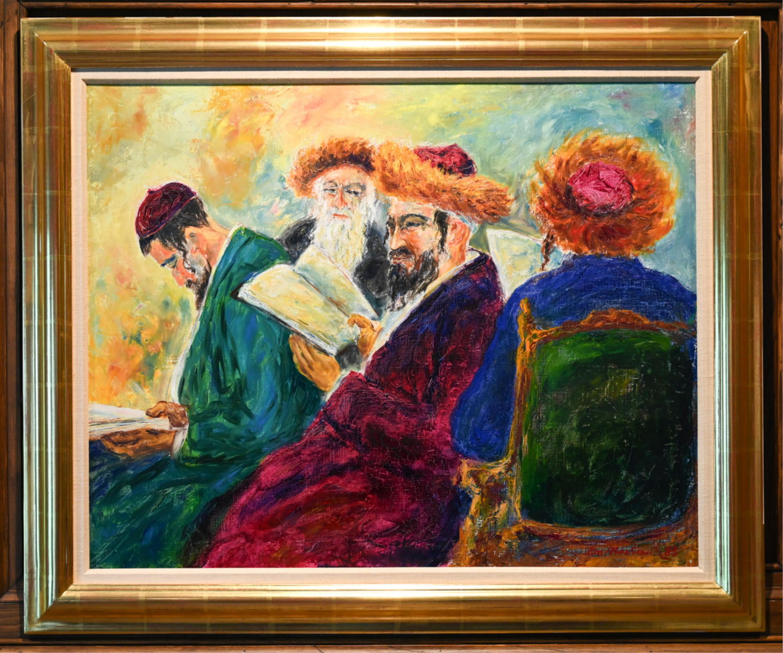 IRA MOSKOWITZ, POLISH AMERICAN (1912-2001) O/C: Signed Ira Moskowitz lower right, dated '83. Judaic subject. Dimensions: (Frame) H 30" x W 36", (Canvas) H 24" x W 30" Condition: Some losses to edges of frame. Some crackling to paint.