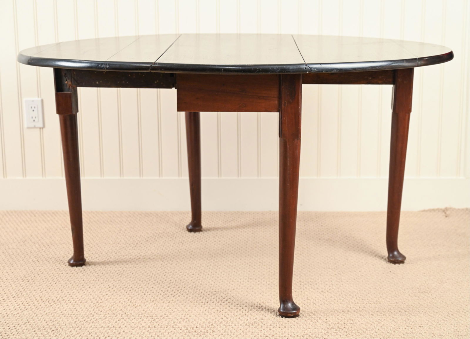 DROP LEAF TABLE: Each leaf: 18.5". Dimensions: (Leaves down) H 28" x W 41" x D 16" Condition: Some scratches and scuffs. Some finish wear including few water stains. Two feet with splits. Nicks and dings.