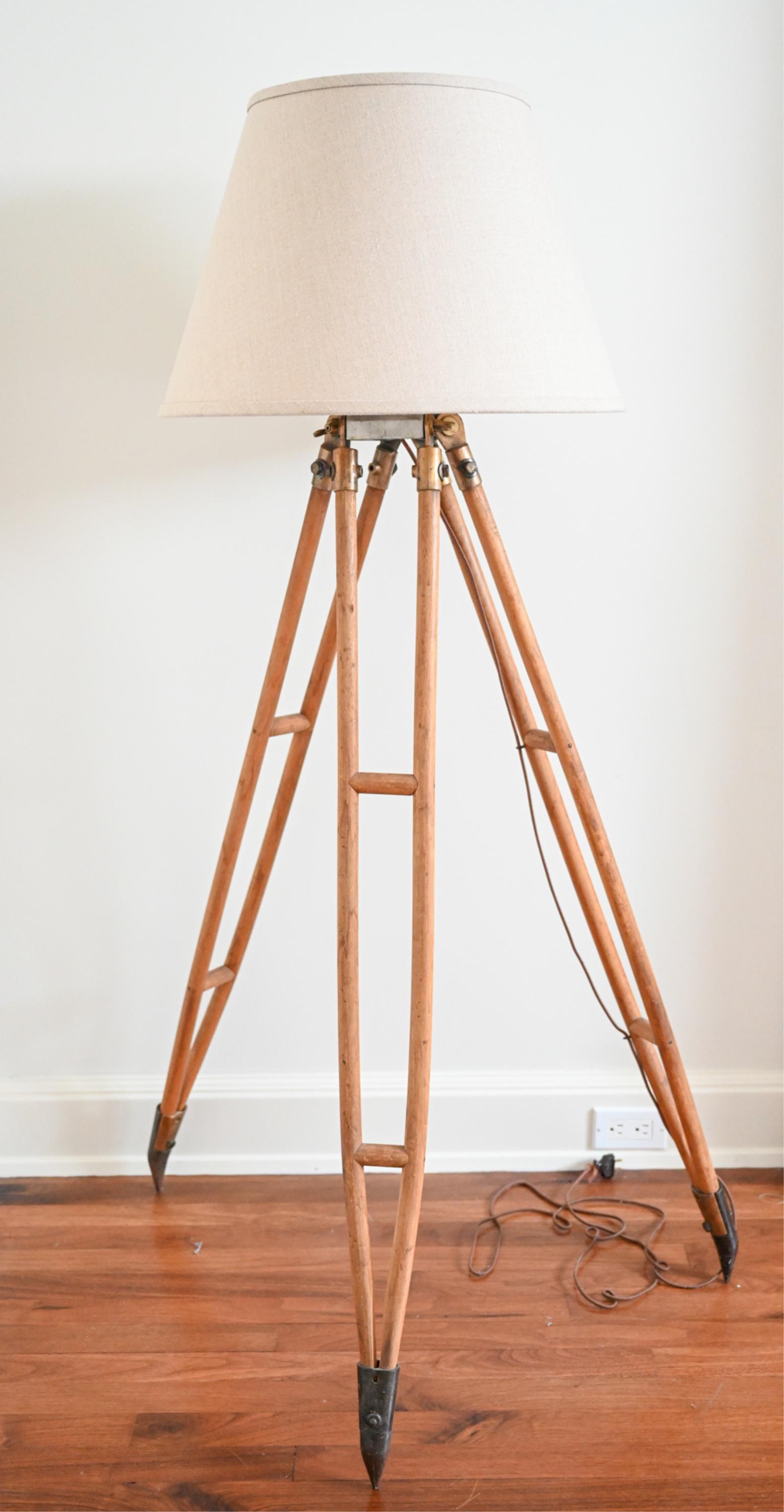 ANTIQUE SURVEYOR'S TRIPOD, AS FLOOR LAMP (1 of 11)
