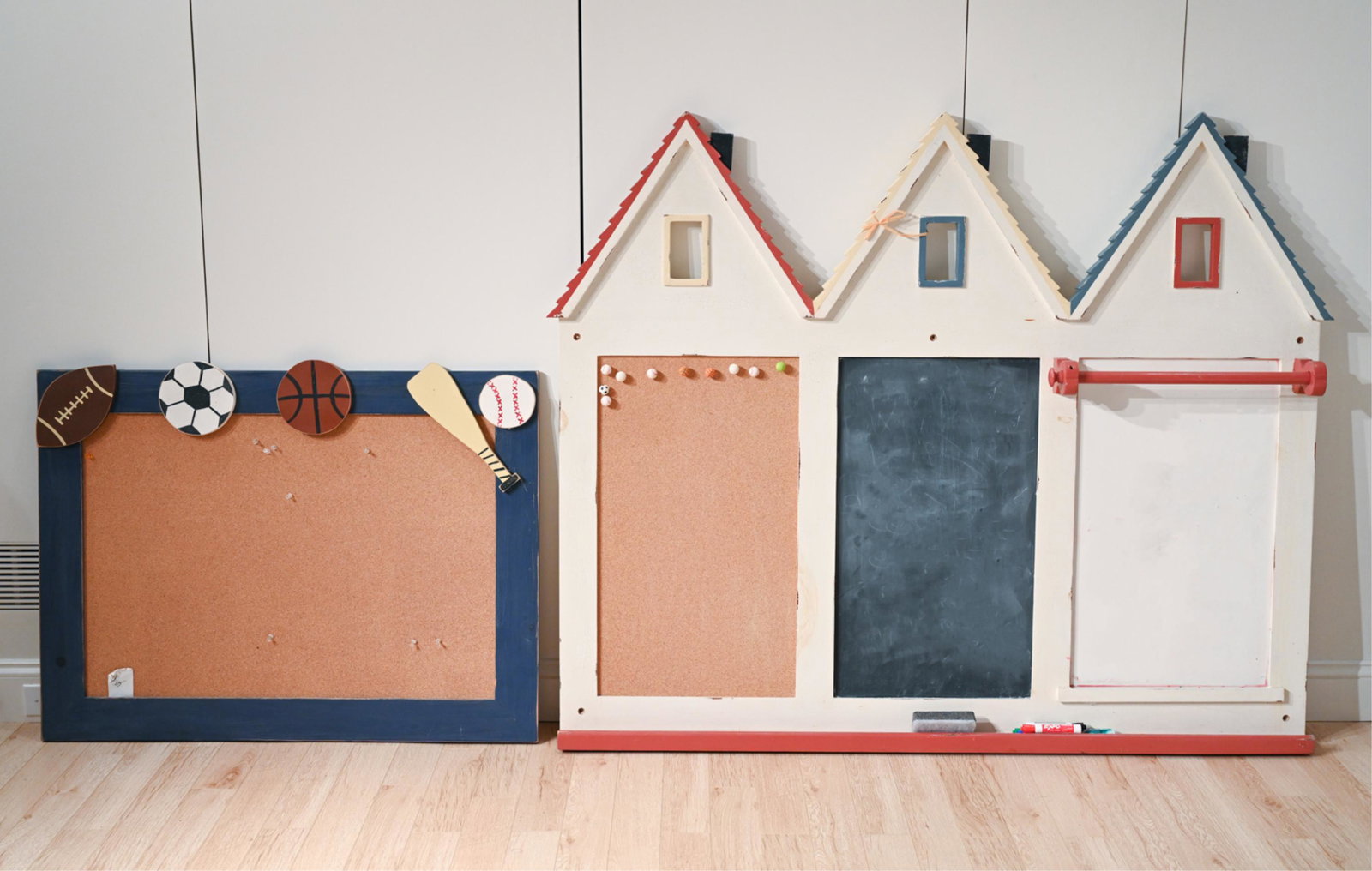 (2) FOLK ART KIDS BOARDS: Dimensions: (larger board) H 50.5" x W 61.5" x D 3" Condition: Wear consistent with age and use in a child's room.