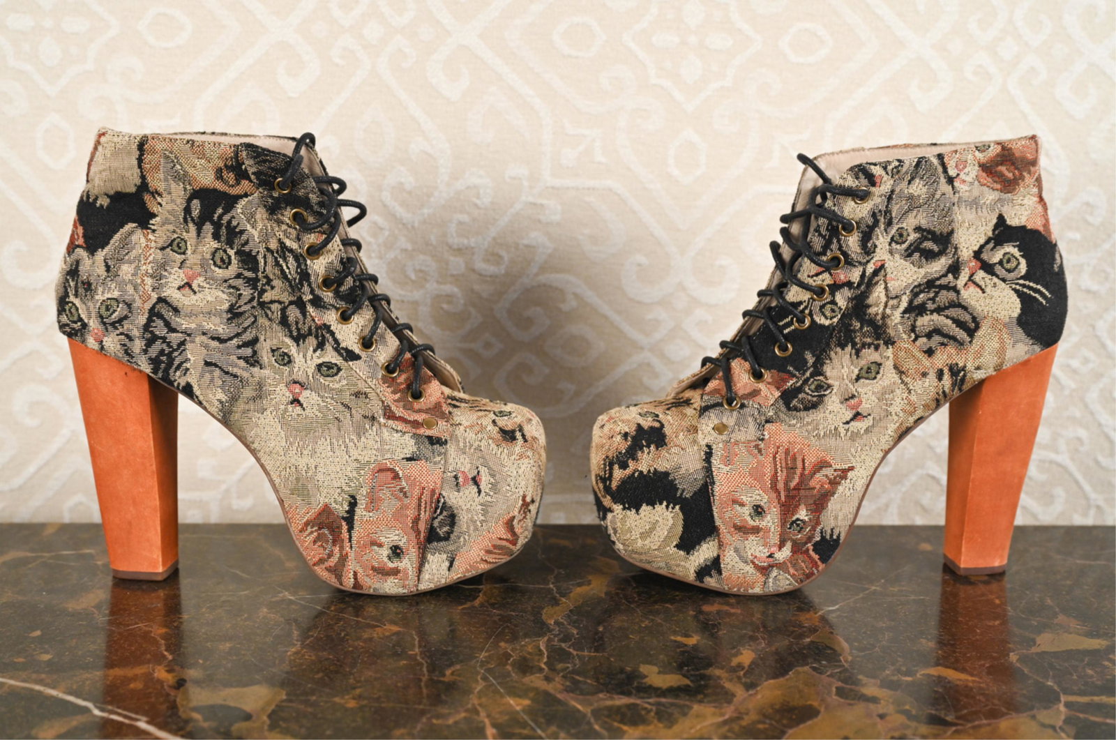 PAIR OF JEFFREY CAMPBELL CAT TAPESTRY LITA BOOTS: Size 9M. Lita-Fab boots, marked to lining. Heel height: 5", platform height: 3". Condition: Appear to be unworn.