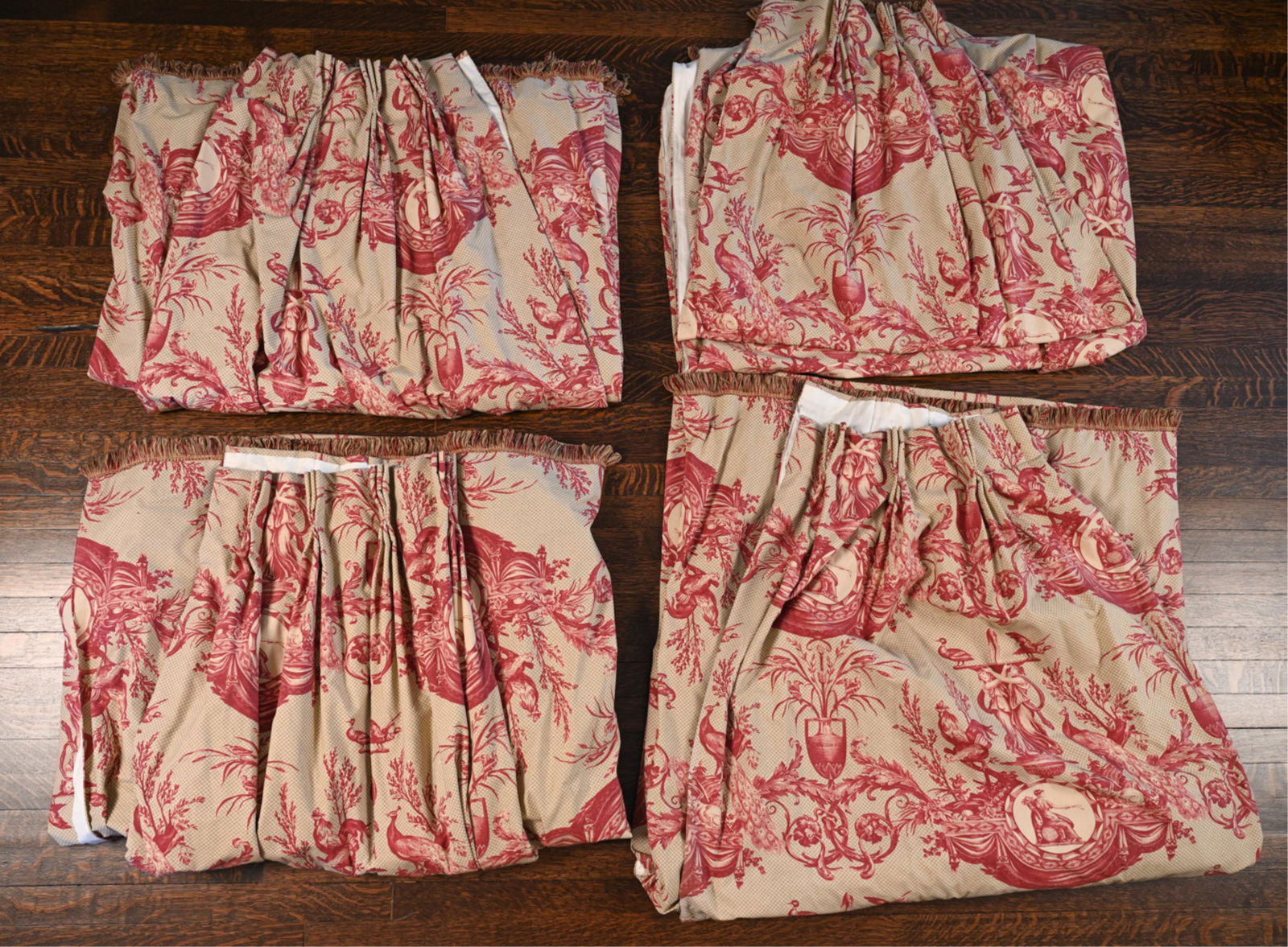 (4) CUSTOM RED & CREAM TOILE DRAPERY PANELS (1 of 12)