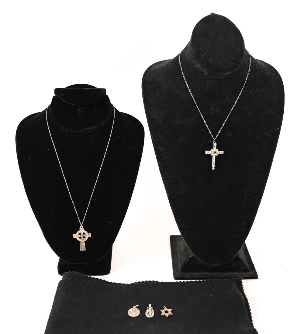 GROUPING OF VINTAGE STERLING DEVOTIONAL JEWELRY: Grouping of semi-fine tennis bracelets including (3) marked sterling silver, (1) 10K yellow gold with illusion-set diamonds. Dimensions: (Longest) L 7" x W 0.25" Weight: Gold bracelet: 4.1 dwt Silver 