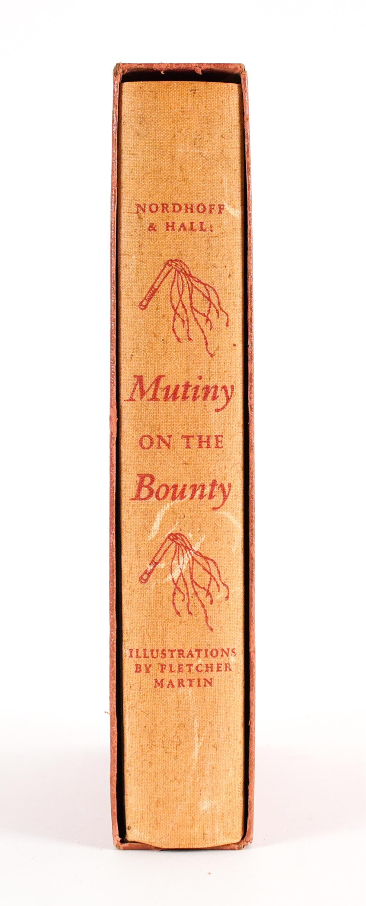 MUTINY ON THE BOUNTY SPECIAL ILLUSTRATED ED. 1947: "Mutiny on the Bounty" (1932) by Charles Nordhoff & James Norman Hall, special boxed edition with illustrations by Fletcher Martin, 1947. Dimensions: (Box) H 10" x W 6.5" x D 1.75" Condition: Normal w