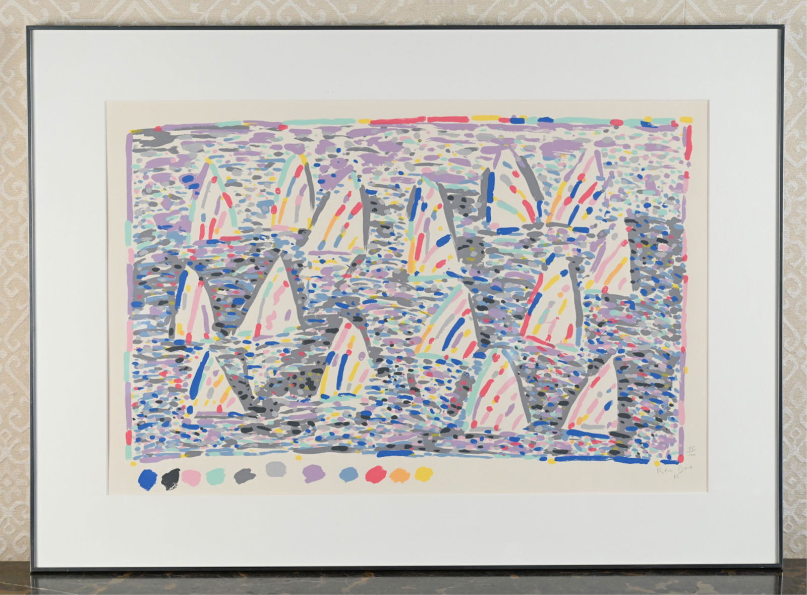 KEN DONE, AUSTRALIAN (B. 1940) LTD. ED. LITHOGRAPH: Colorful waterscape with sailboats. Signed Ken Done, dated '85, and editioned 55/100. Dimensions: (Frame) H 29" x W 40" (Sight) H 20.75" x W 31.5" Condition: Light wear to frame.