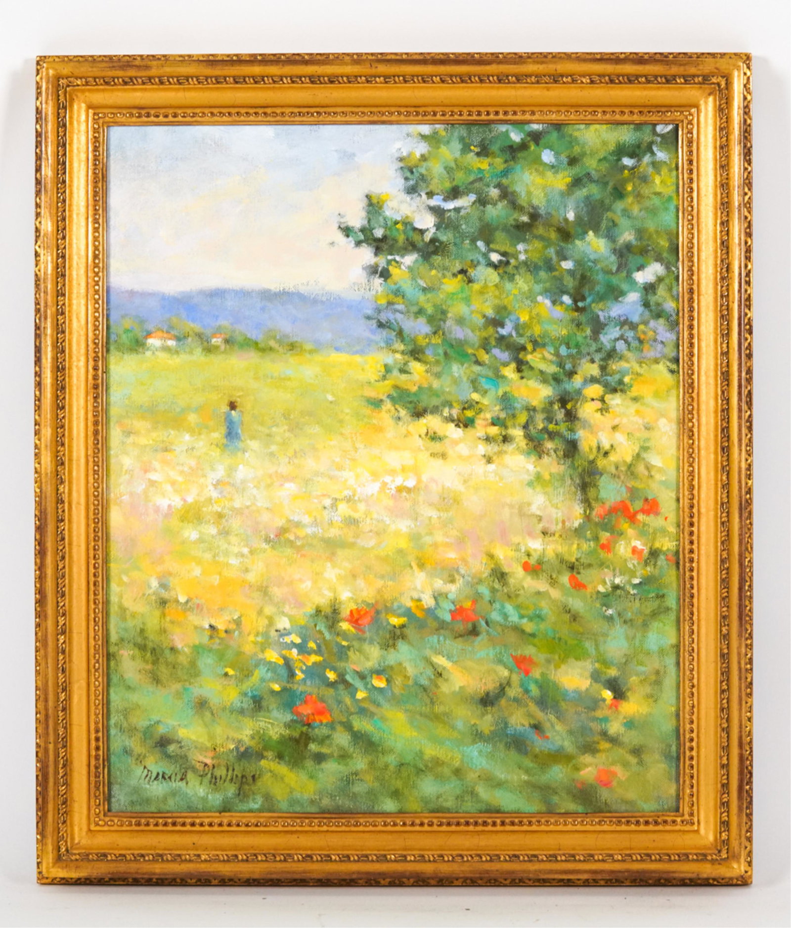 MARCIA PHILLIPS (1943-2018) IMPRESSIONIST O/C: Impressionist oil on canvas landscape with flowers and a distant figure, signed Marcia Phillips lower left. Dimensions: (Frame) H 28.25" x W 24.5" (Sight) H 23.25" x W 19.25" Condition: Light wear to 