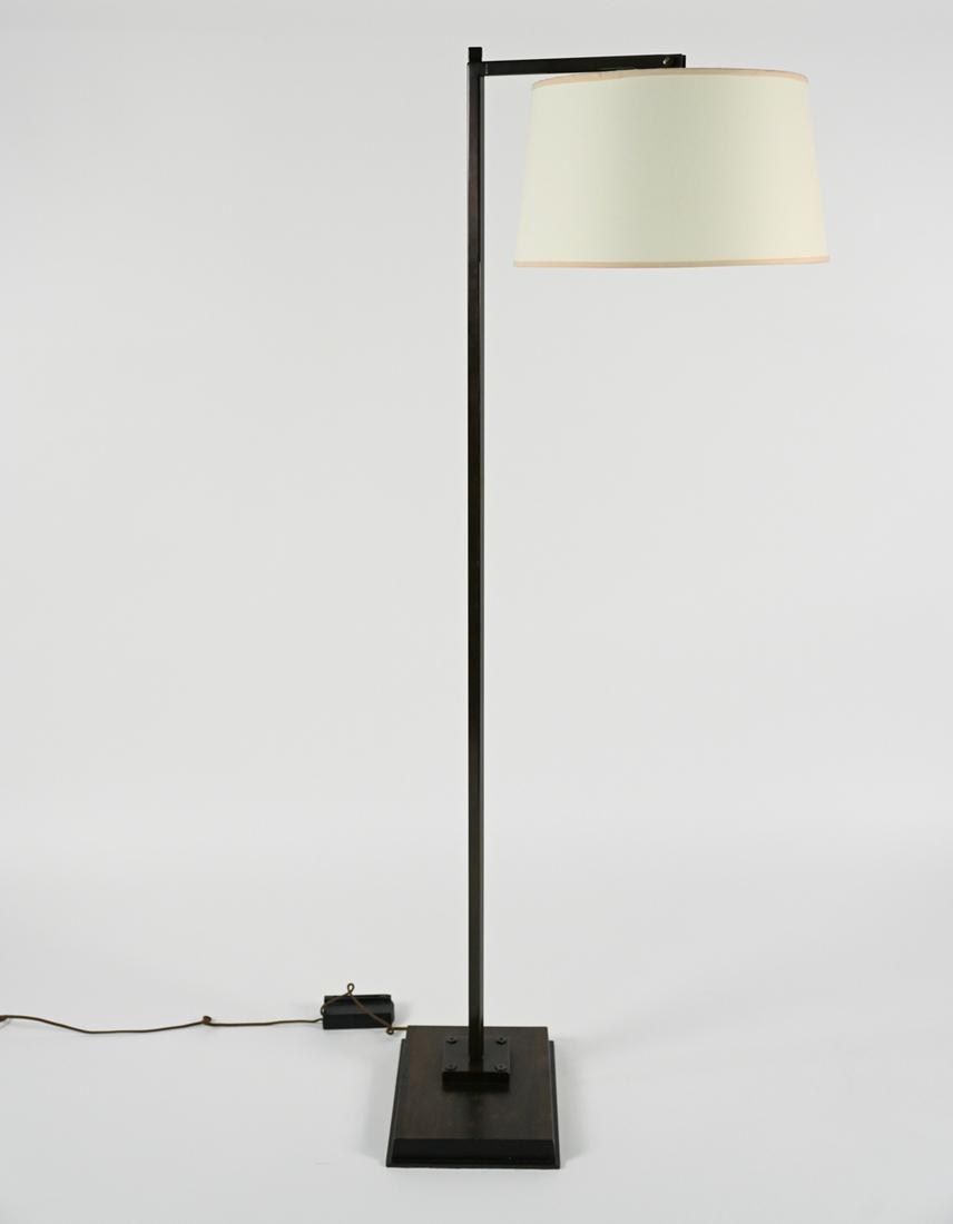 STEPHEN MCKAY SWIVEL FLOOR LAMP: Stephen McKay modernist floor lamp in metal and wood, with cream paper shade and dimmer switch. Dimensions: (With shade) H 60.5" x W 23.5" x D 16" Condition: Not tested; showing normal wear including