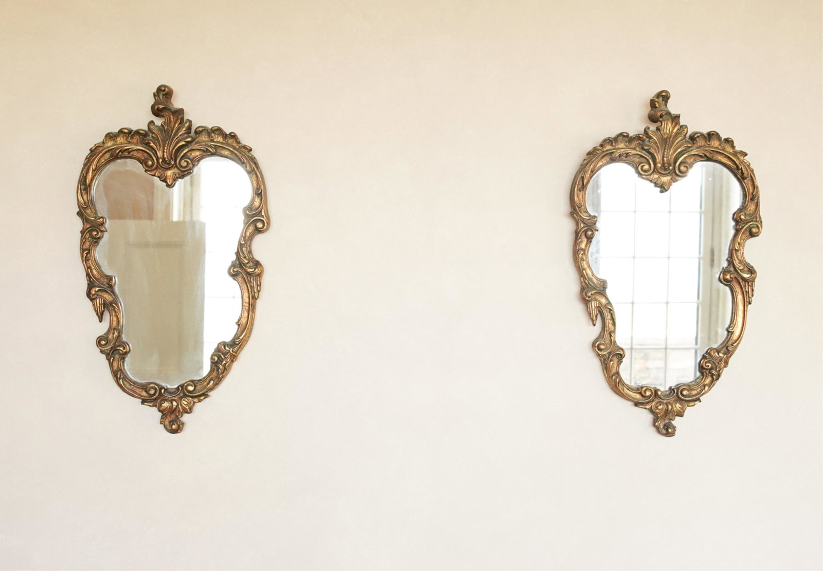 PAIR OF PETITE ROCOCO STYLE SHIELD WALL MIRRORS (1 of 11)