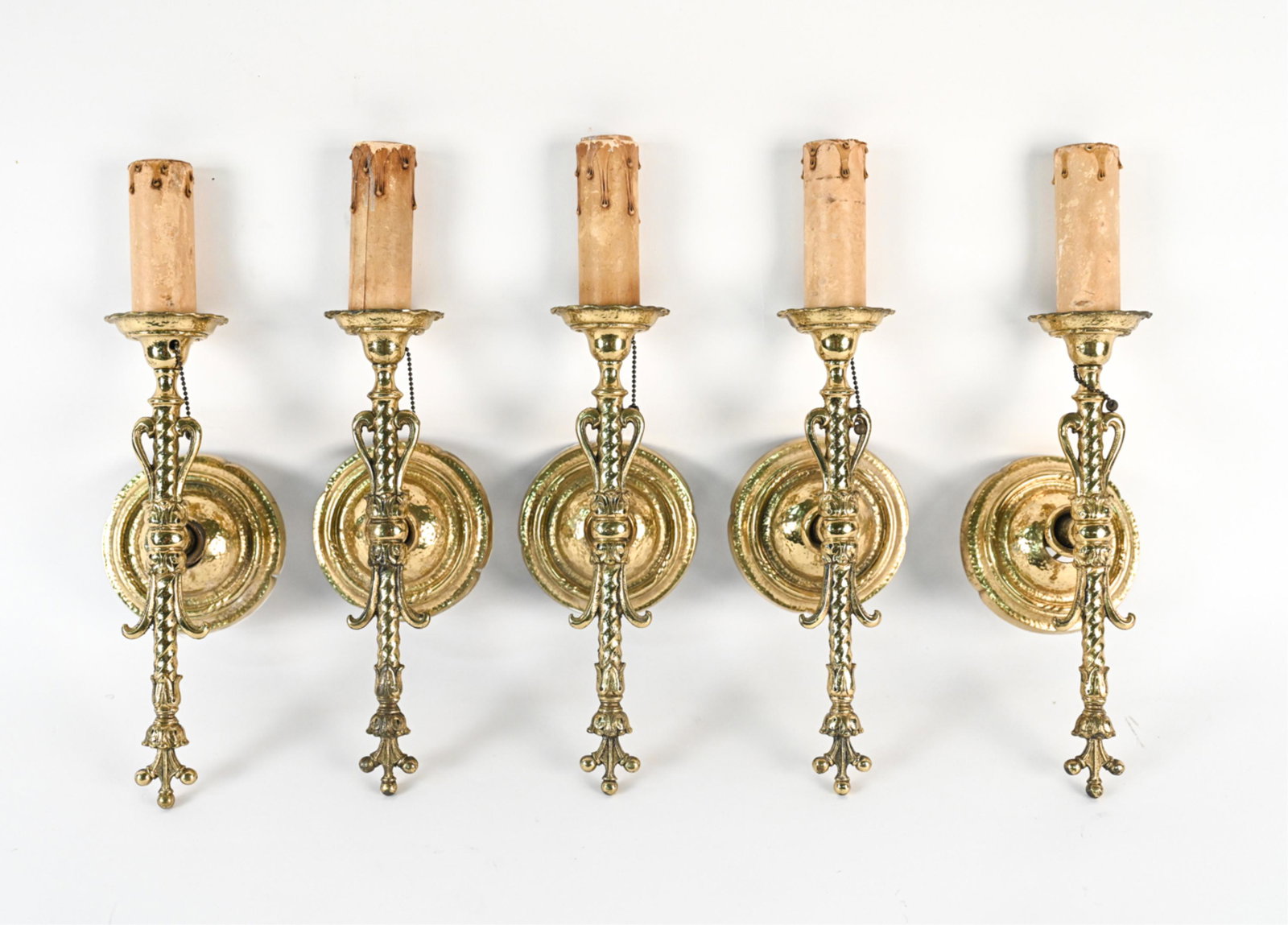 (5) BRASS WALL SCONCES: Dimensions: H 14" x W 4.5" x D 4.5" Condition: Not tested. Light patina to finish. Wear consistent with age and use.