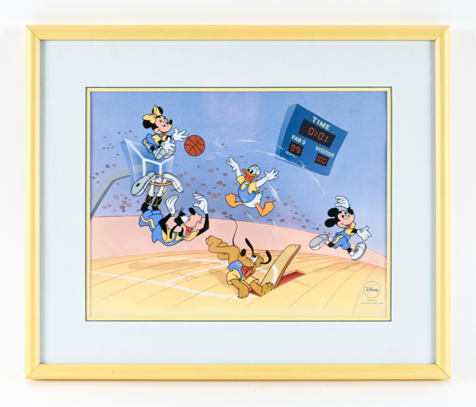 RARE DISNEY "SLAM DUNK WITH THE FAB 5" SERICEL: Edition of 5,000; with COA verso. Dimensions: (Frame) H 15" x W 18" (Sight) H 9.5" x W 12.25" Condition: Light wear to frame, a few faint surface scuffs to plexiglass.