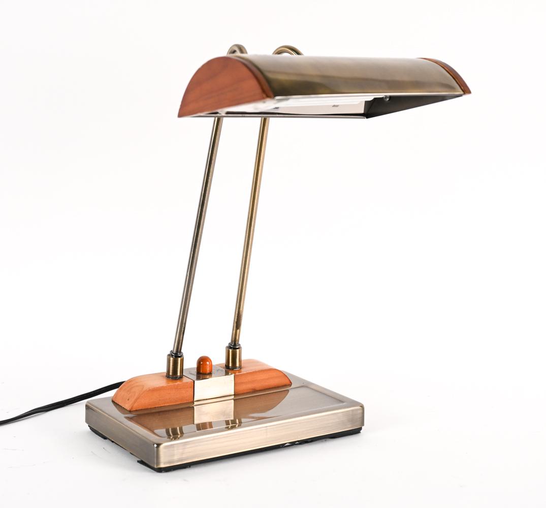 MID-CENTURY STYLE BRASS & WOOD DESK LAMP: Dimensions: H 17" x W 13" x D 10" Condition: Not tested. Showing normal wear including nicks and scratches to wood, some finish loss along edges.