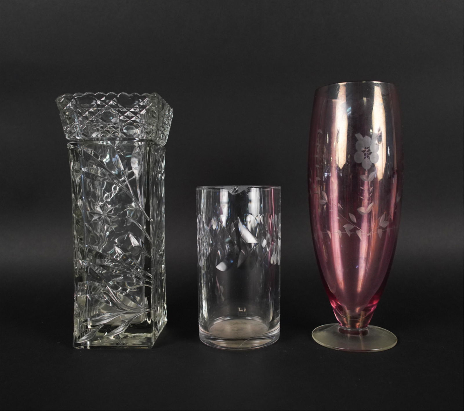 (3) VINTAGE VASES INCL. KOSTA BODA CRYSTAL: Grouping of vintage and antique vases including a signed Sigurd Persson for Kosta Sweden crystal cylinder vase with leaf motif; the other two vases apparently unsigned. Dimensions: (Tallest) H 10.5" x