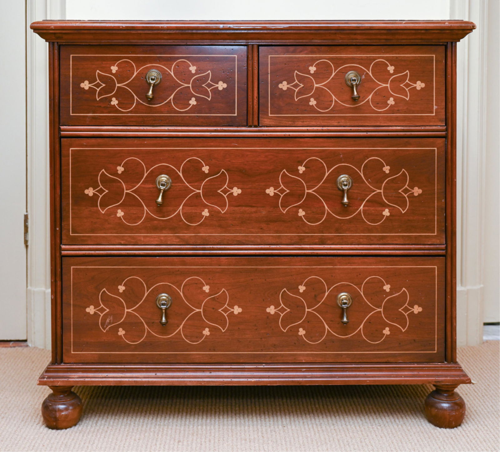 CONTEMPORARY FAUX INLAID CHEST OF DRAWERS: Painted with faux inlay. Dimensions: H 30" x W 32" x D 18.25" Condition: Some finish loss and rubbing. Nicks and dings. Wear consistent with use.