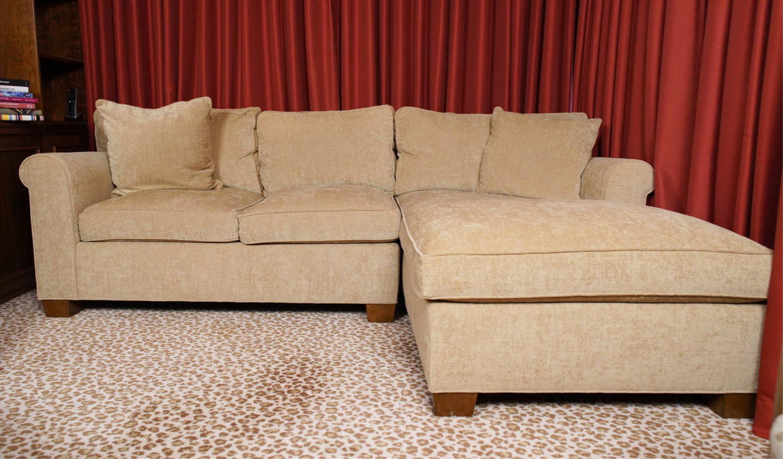 TRS FURNITURE SECTIONAL SOFA: TRS label under cushion. With rolled arms. Dimensions: (As shown) H 34" x W 84" x D 67" x SH 19" Condition: No issues to note.