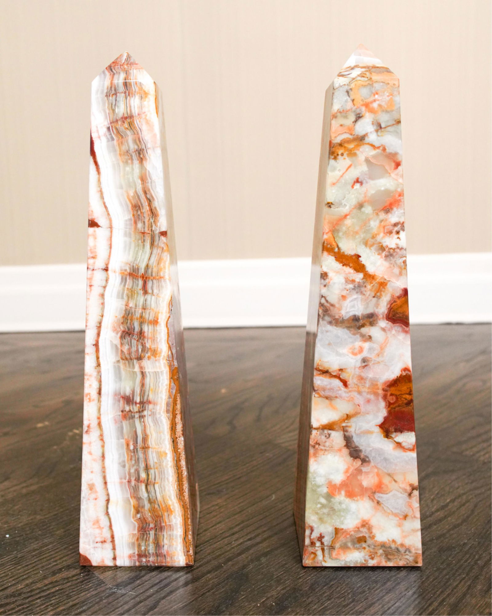 PAIR OF ONYX MARBLE OBELISKS: Contemporary, 21st century. Genuine onyx marble, made in Pakistan. Dimensions: H 18" x W 4" x D 4" Condition: Like new, no issues to note.