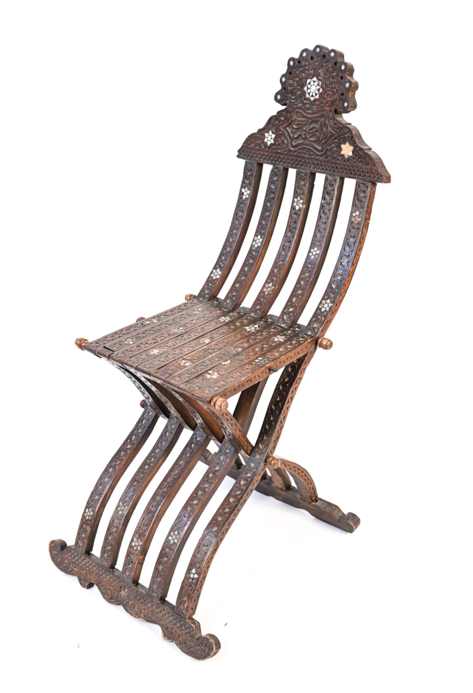 ANTIQUE DAMASCUS FOLDING INLAID WOOD CHAIR: Dimensions: H 39" x W 18" x D 24.5" S.H. 19.5" Condition: Showing wear including areas of missing inlay, scratches, joint separation and losses to finish. Missing wooden knob seat, right side.