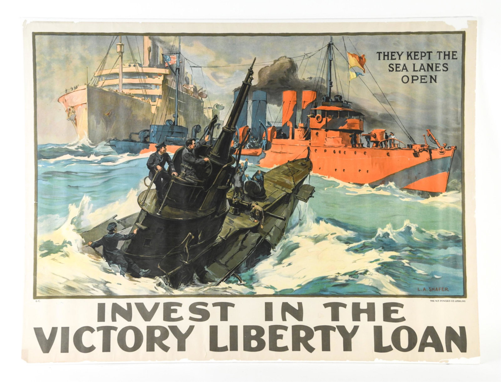 LEON ALARIC SHAFER ORIGINAL WWI POSTER: Original lithograph poster, "Invest in the Victory Liberty Loan". Not mounted. Dimensions: H 29" x W 39" Condition: Some edge losses, rippling and tears.