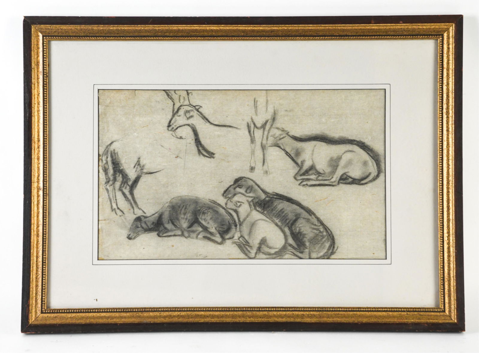 MAURICE STERNE (1878-1957) DRAWING: Charcoal drawing of sheep, apparently unsigned. Dimensions: (Frame) H 21" x W 29" (Sight) H 11" x W 19" Condition: Paper with wrinkling around edges, toning to mat and rubbing to frame.