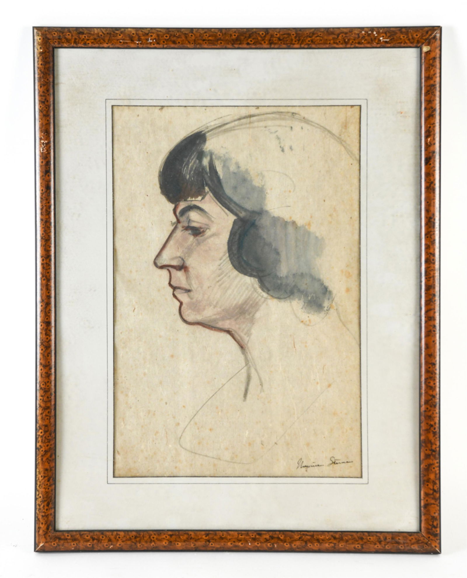 MAURICE STERNE (1878-1957) DRAWING: Charcoal and watercolor drawing, profile of a woman to the left. Signed lower right. Dimensions: (Frame) H 25" x W 19.5" (Sight) H 19" x W 12" Condition: Some foxing to paper, toning to mat and rubbin
