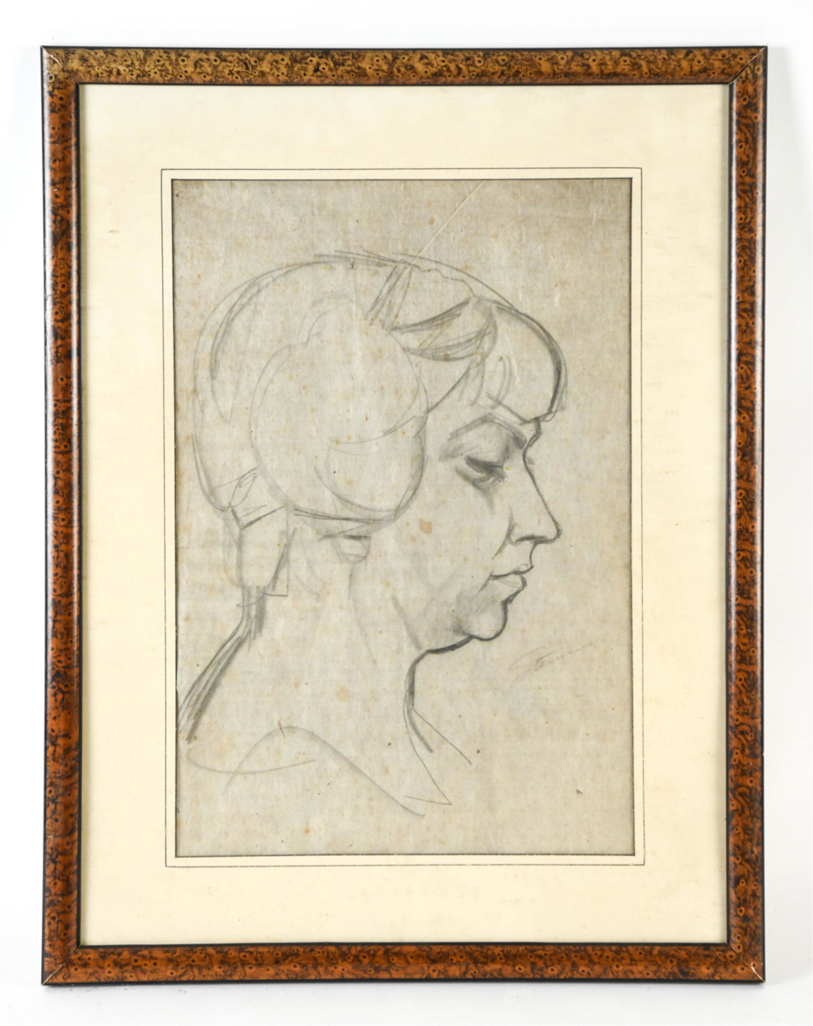 MAURICE STERNE (1878-1957) DRAWING: Charcoal on rice paper drawing of a woman in profile, signed lower right. Dimensions: (Frame) H 25" x W 19.5" (Sight) H 18" x W 12.25" Condition: Creases, some toning to mat, rubbing to frame.