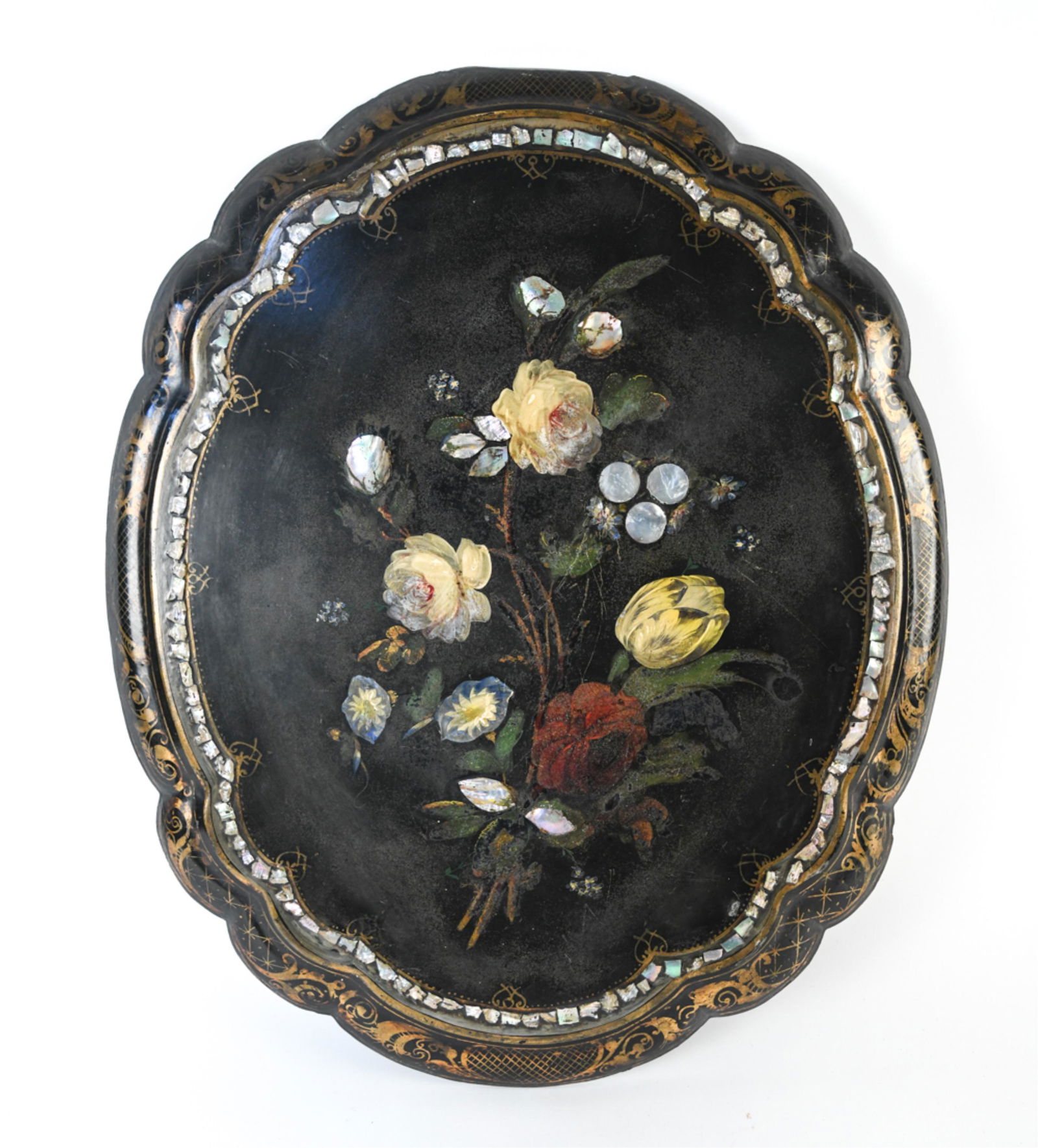 ANTIQUE PAINTED ABALONE-INLAID LACQUER TABLE TOP: Early 20th Century intricately painted and lacquered tabletop with abalone inlay, mimicking the look of painted Toleware. Likely once the top to a flip-top table. Dimensions: L 26.5" x W 21.5" x D 1.5